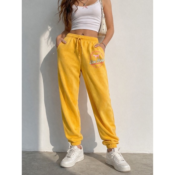 PINK Victoria's Secret Pants - Victoria's Secret PINK Y2K Yellow Joggers Dog Logo Sweatpants XS